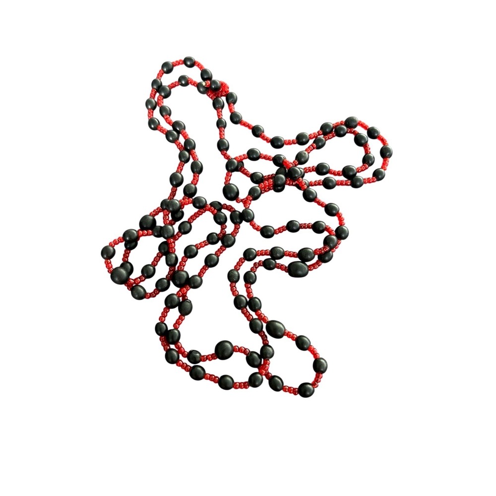 Long Red Seed Bead & Matte Black Beaded Necklace 22" Slip On No Clasp